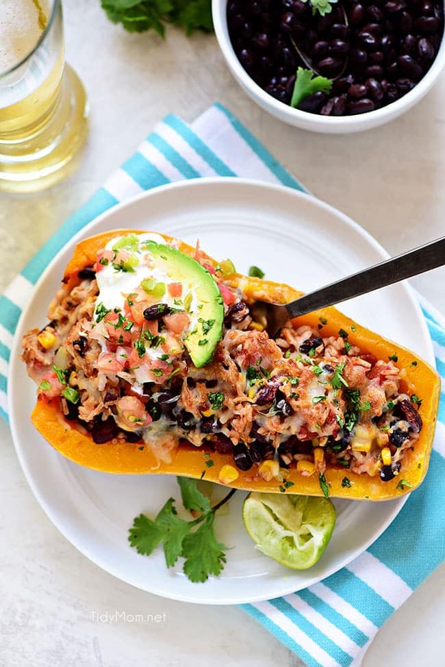 Plated Southwest Black Bean Stuffed Butternut Squash with Bush’s Beans and TidyMom