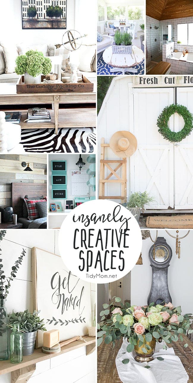 Insanely creative spaces for your home. From the bathroom and laundry room, to living room and a she shed, find inspiration to decorate your own home! Find all of the insanely creative spaces at TidyMom.net