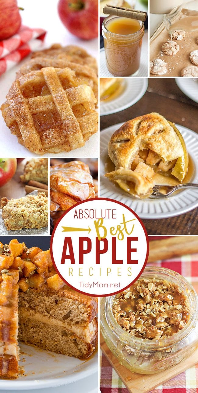 The absolute BEST APPLE RECIPES to make this fall. From apple pie cookies and caramel apple layer cake to apple pie moonshine, apple fritters and more!! Get all these favorite apple recipes and more at TidyMom.net