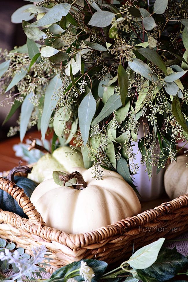 Seasonal Simplicity - Eucalyptus Fall Centerpiece with blue and green pumpkins + Fall Tablescape. Get all the details along with 20+ Fall Home Tours at TidyMom.net