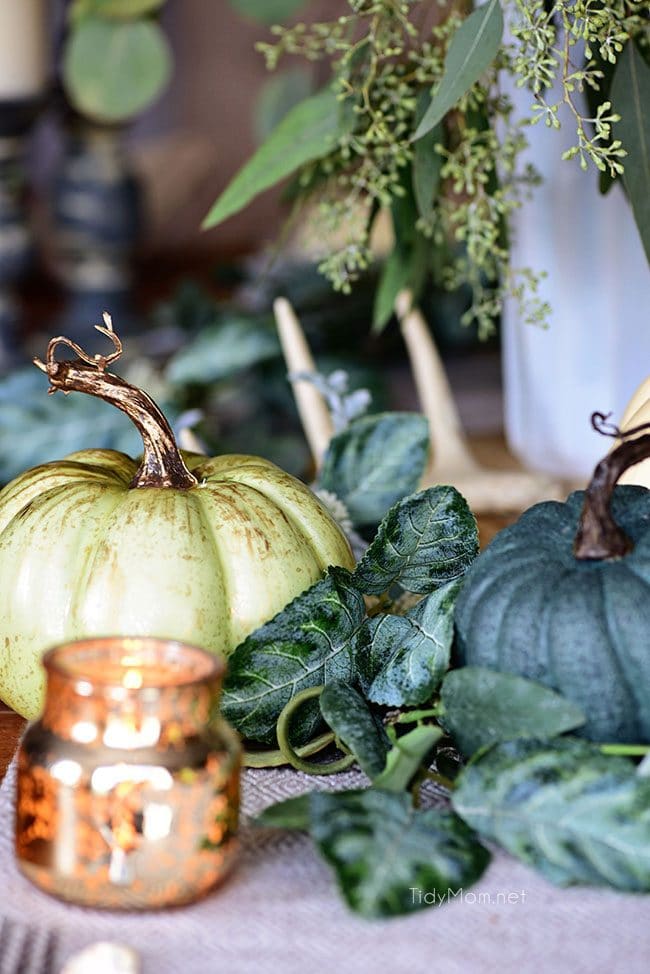 Blue and Green Pumpkins: Seasonal Simplicity — Blue and Green Fall Tablescape with simple eucalyptus and pumpkins fall centerpiece . Get all the details along with 20+ Fall Home Tours at TidyMom.net