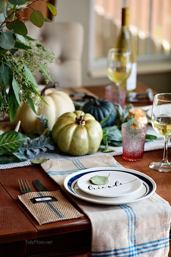 Friends Plate: Seasonal Simplicity Blue and Green Fall Tablescape. Simple and elegant fall table and fall centerpiece. Get all the details along with 20+ Fall Home Tours at TidyMom.net