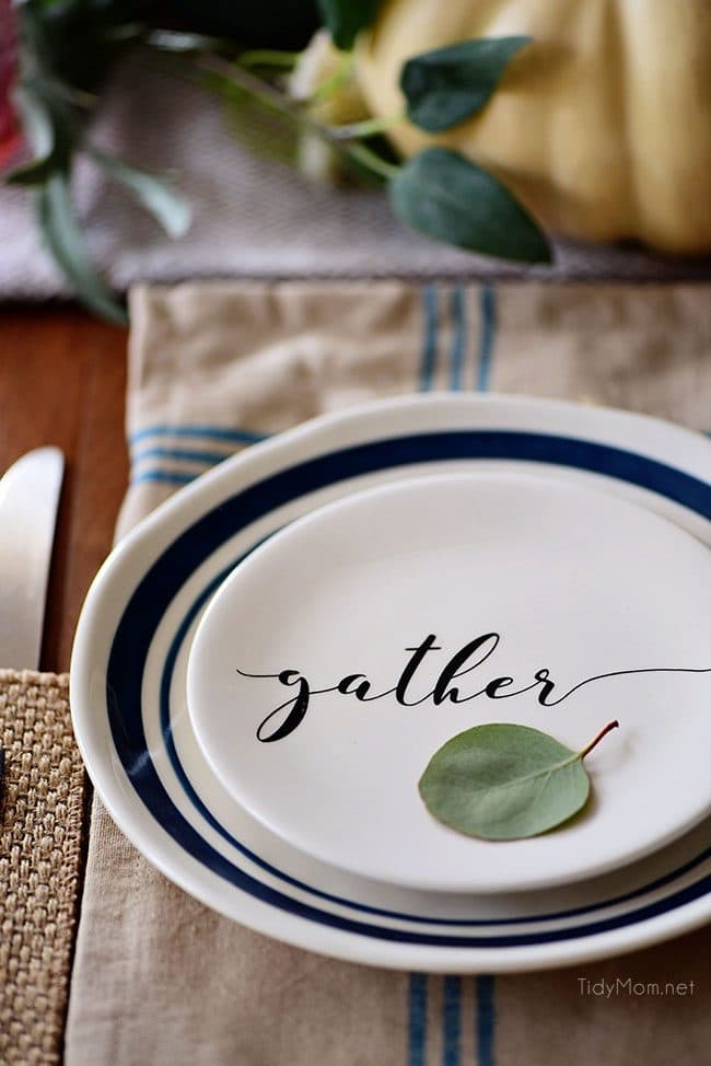 Gather Plate: Seasonal Simplicity Fall Tablescape Fall entertaining. Simple and elegant green and blue fall talbe and fall centerpiece. Get all the details along with 20+ Fall Home Tours at TidyMom.net