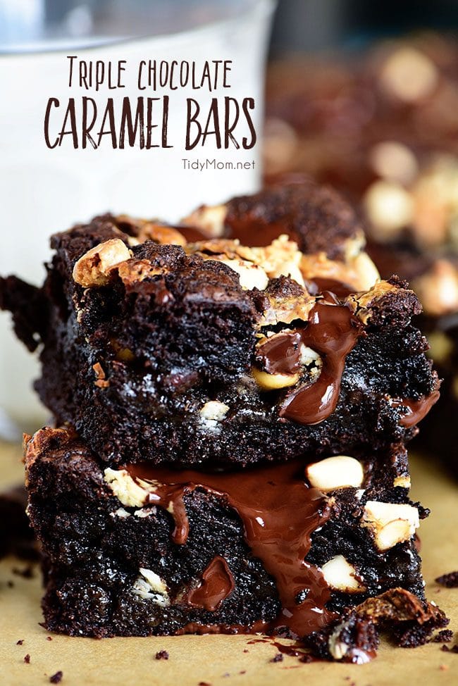 Triple Chocolate Caramel Bars are like a thick chewy brownie only better!! These indulgent cake mix bars are always a hit and easy to make! Print the full recipe at TidyMom.net