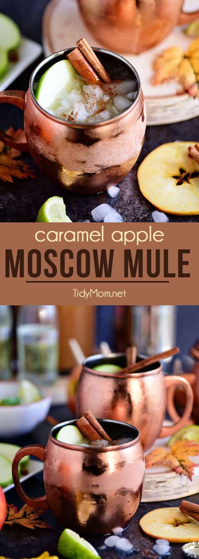 en karamell äpple Moskva Mule är perfekt för hösten! Tillverkad med söt karamellvodka, färsk äppelcider och ingefäraöl är det säkert att bli en favorit höstcocktail! Få receptet på TidyMom.net