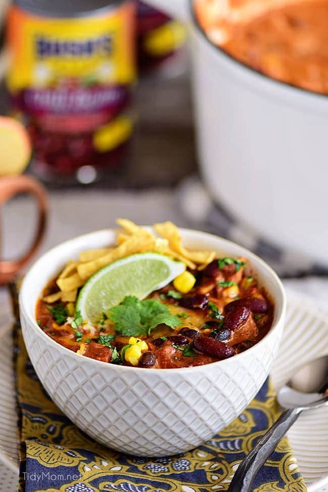 This flavorful Creamy Taco Chili is packed with lots of beans, chicken and other taco inspired ingredients. The perfect way to warm up on a chilly day! Printable recipe + video at TidyMom.net