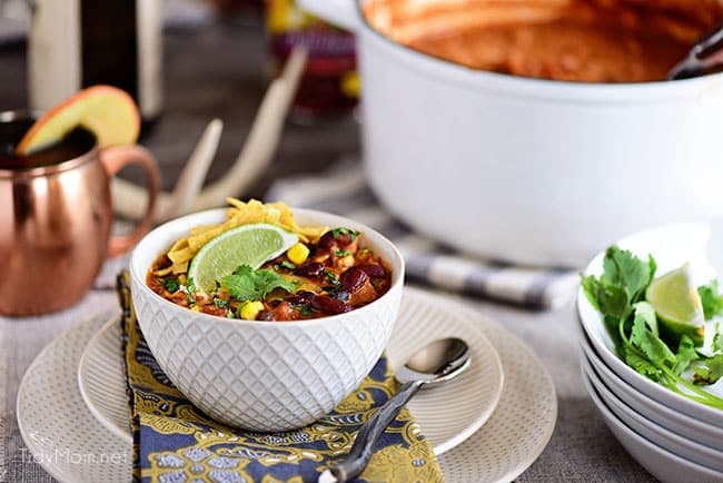 This flavorful Creamy Taco Chili is packed with lots of beans, chicken and other taco inspired ingredients. The perfect way to warm up on a chilly day! Printable recipe + video at TidyMom.net