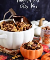 Pumpkin Spice Chex Mix is loaded with sweet and spicy coated cereal and pecans for party or game day snacking! Print the recipe at TidyMom.net