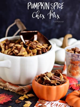 Pumpkin Spice Chex Mix is loaded with sweet and spicy coated cereal and pecans for party or game day snacking! Print the recipe at TidyMom.net