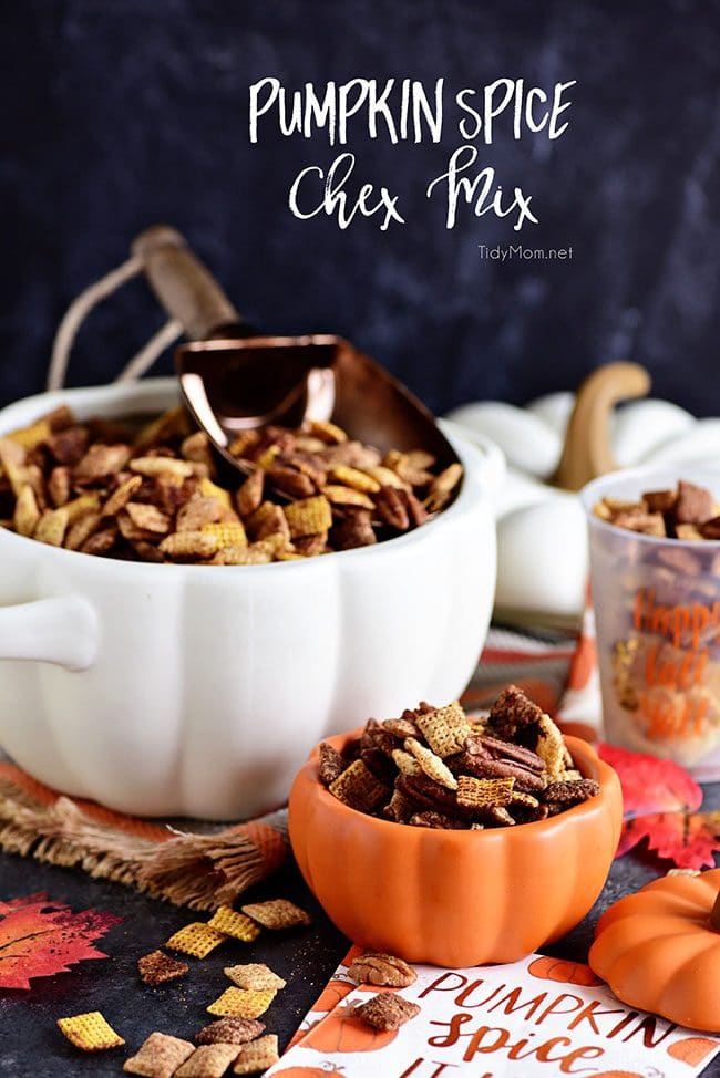 Chex mix in pumpkin bowls