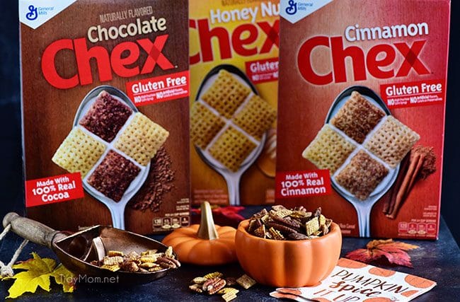 Chex Honey Nut, Chex Chocolate and Chex Cinnamon for making Pumpkin Pie Spice Chex Mix