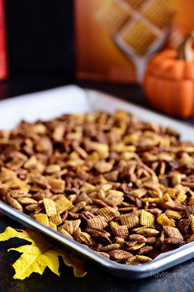 chex mix on a baking sheet