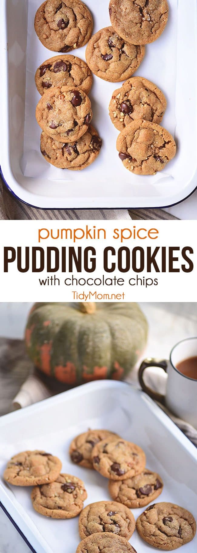 Bring a taste of fall to your chocolate chip cookies thanks to a box of pumpkin pudding mix. These Pumpkin Spice Cookies are soft, delicious and loaded with chocolate chips and pecans. If you haven’t had a pudding cookie, you don’t know what you’re missing. SO GOOD!! Print the full recipe at Tidymom.net