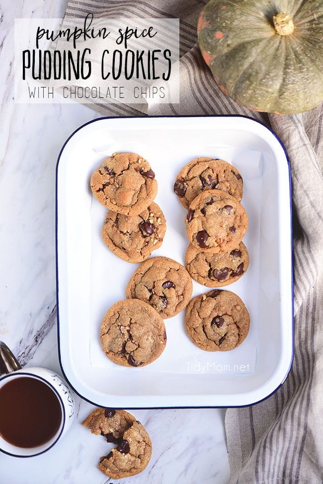 Bring a taste of fall to your chocolate chip cookies thanks to a box of pumpkin pudding mix. These Pumpkin Spice Cookies are soft, delicious and loaded with chocolate chips and pecans. If you haven’t had a pudding cookie, you don’t know what you’re missing. Print the full recipe at Tidymom.net