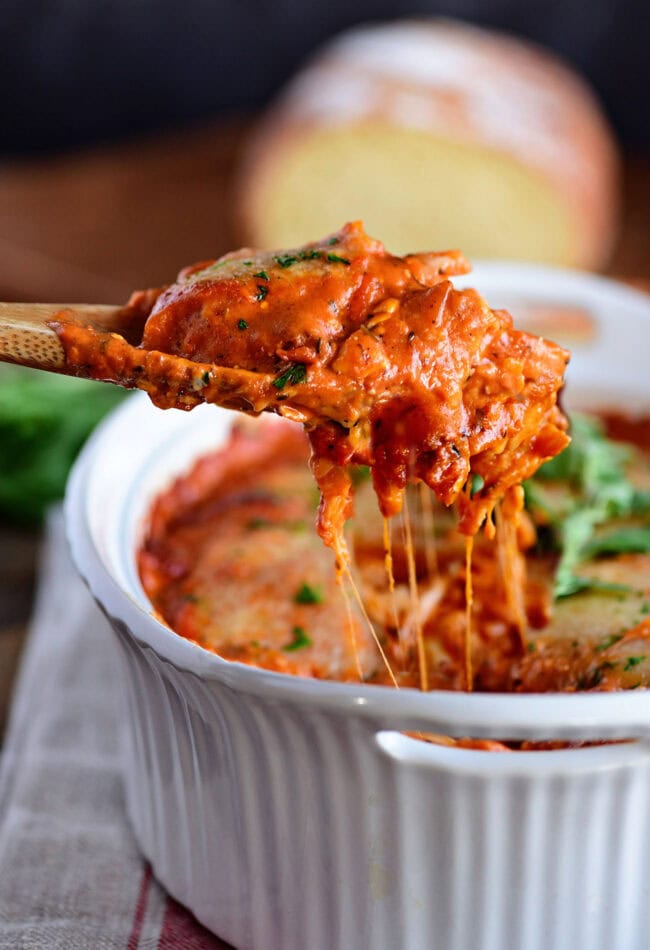 ravioli bake on wooden spoon