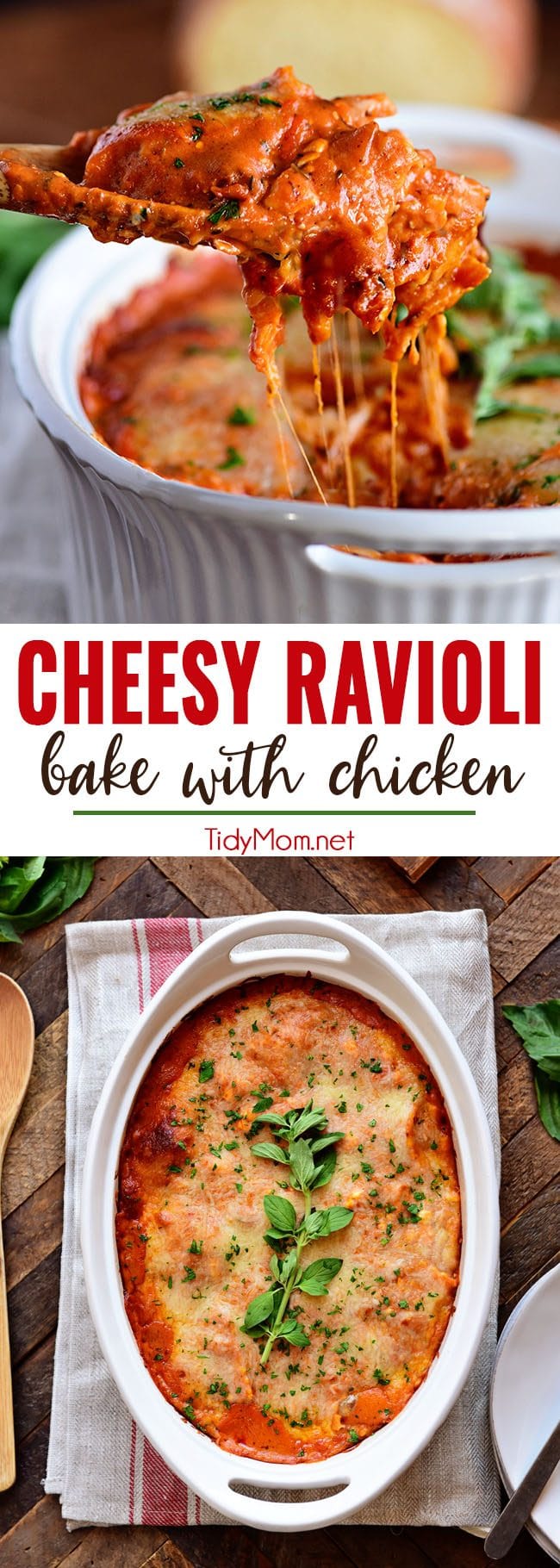 Cheesy Ravioli Bake with Chicken is easy to make and impossible to resist. Making it the perfect weeknight dish. Cheese ravioli, marinara sauce, chicken and lots of cheese, all layered and baked until bubbly and gooey! Print casserole recipe + view short recipe video at TidyMom.net