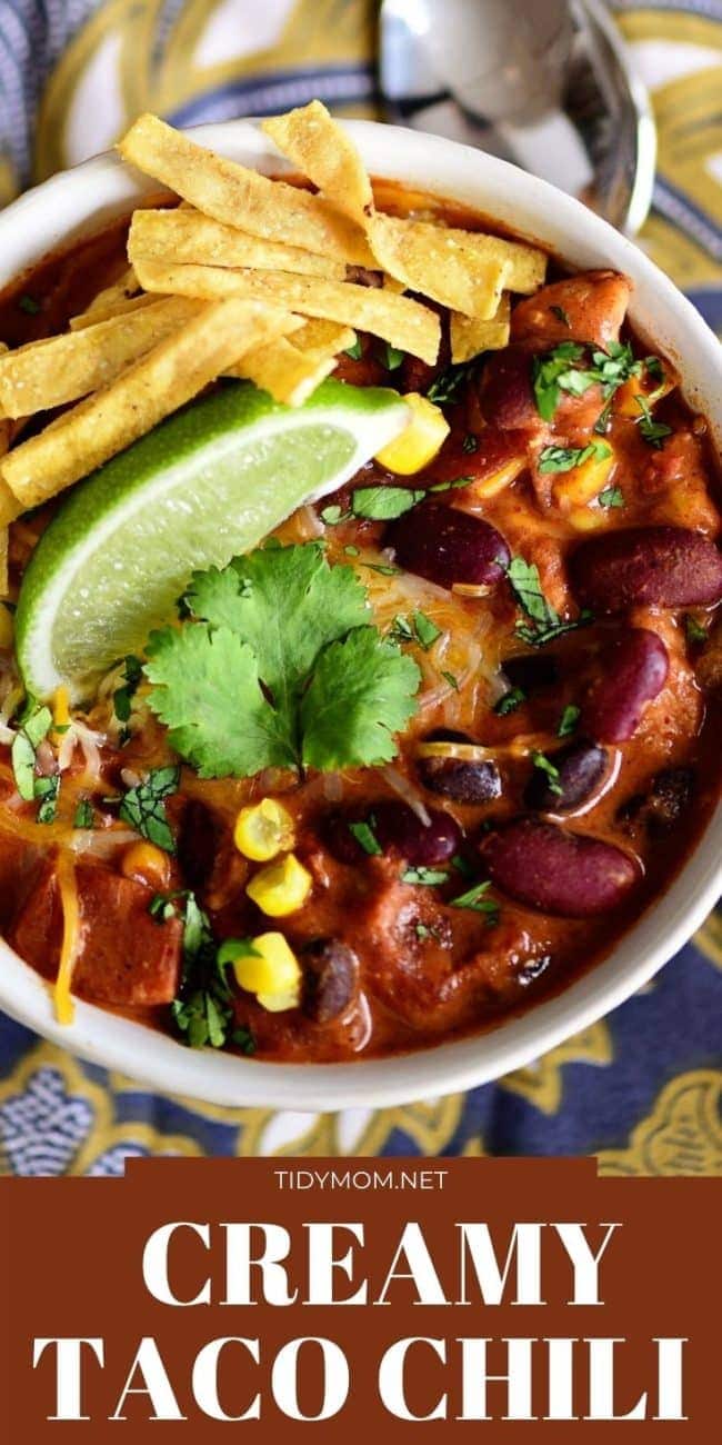 chili in a bowl with taco toppings