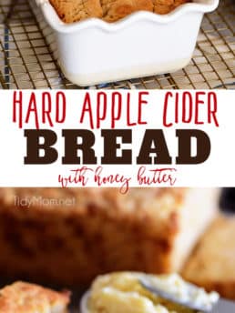 If you enjoy beer bread, you need to try this Hard Apple Cider Bread for fall!! It’s super simple to make. The top buttery crust layer is thick and crunchy, making it the perfect companion to soups, dips, honey butter and more! Print the full recipe at TidyMom.net