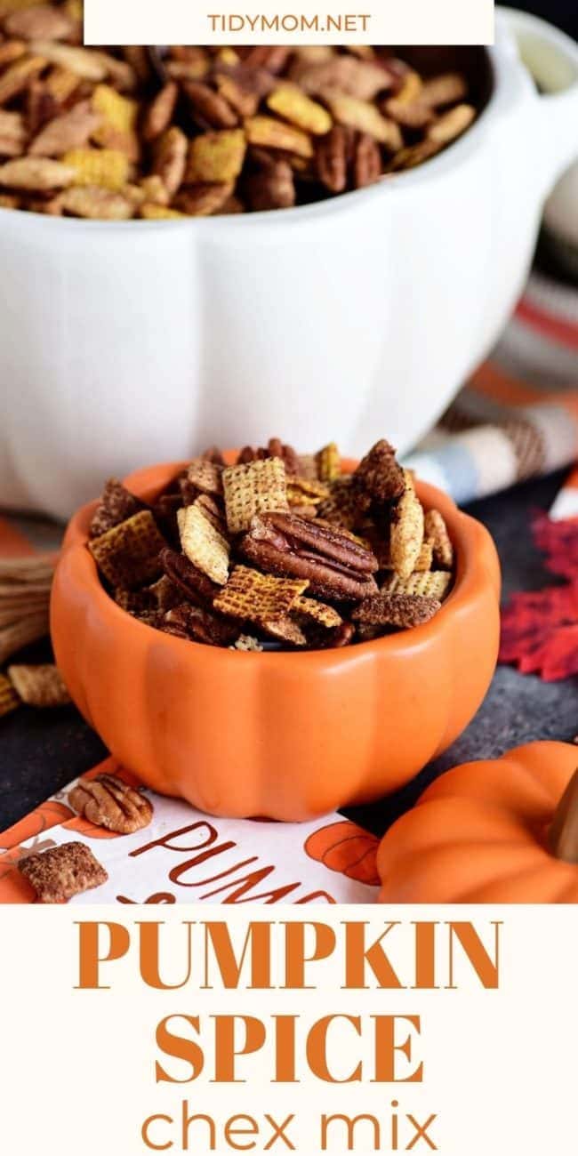 chex mix in pumpkin bowls