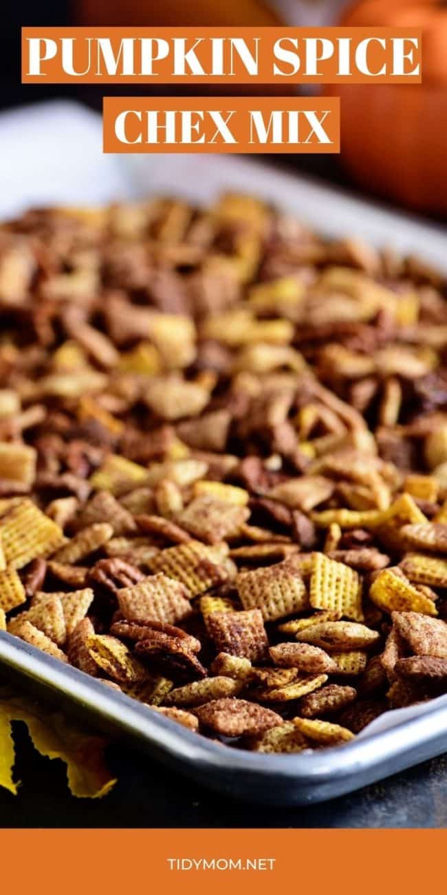 chex mix on a baking sheet