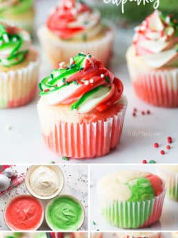Very Merry Marble Christmas Cupcakes in red, green and white with a hint of peppermint! See how to make these fun colorful marble cupcakes and frosting at TidyMom.net
