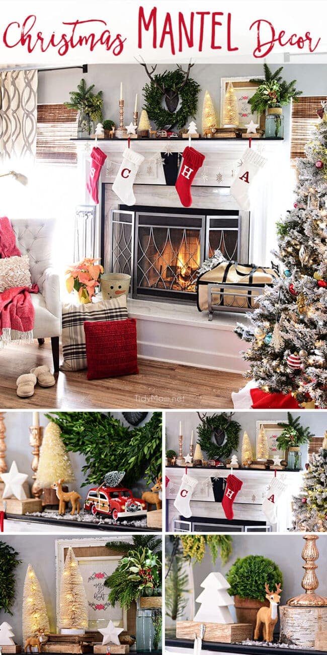 Merry and Bright Christmas Mantel Decor with rustic neutrals and a touch of red and green. Details at TidyMom.net