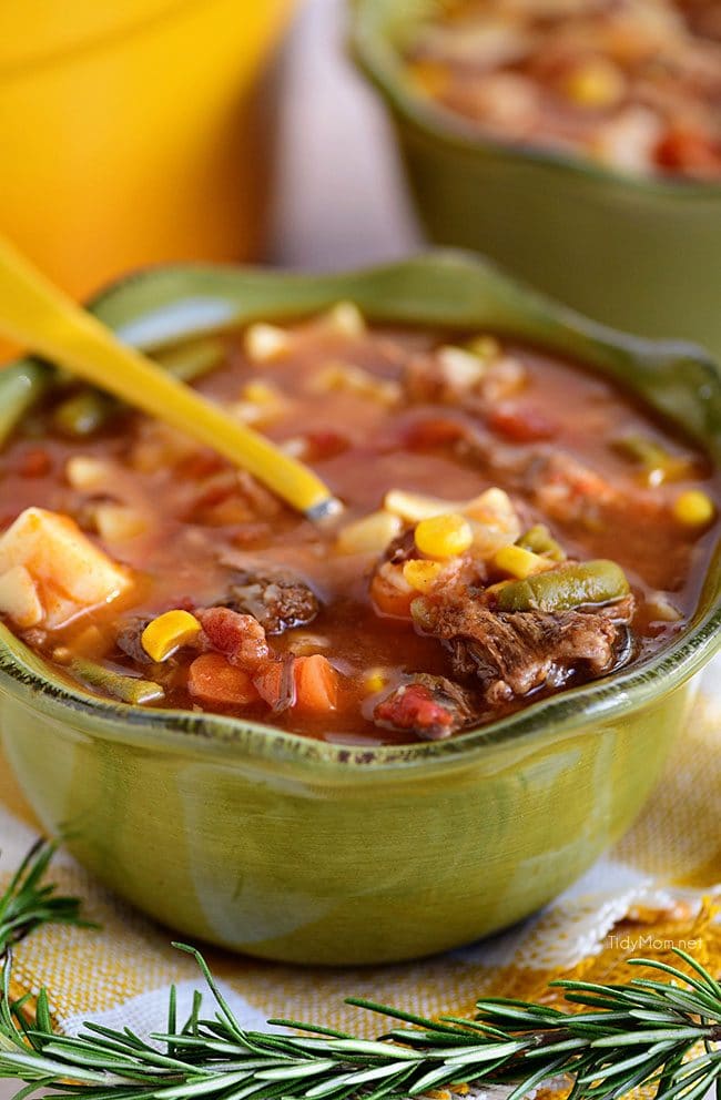 Delicious and hearty Old Fashioned Vegetable Beef Soup like Grandma used to make. A delicious family favorite for generations. Print full recipe at TidyMom.net