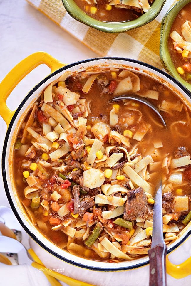 pot of Hearty Old Fashioned Vegetable Beef Soup like Grandma used to make.