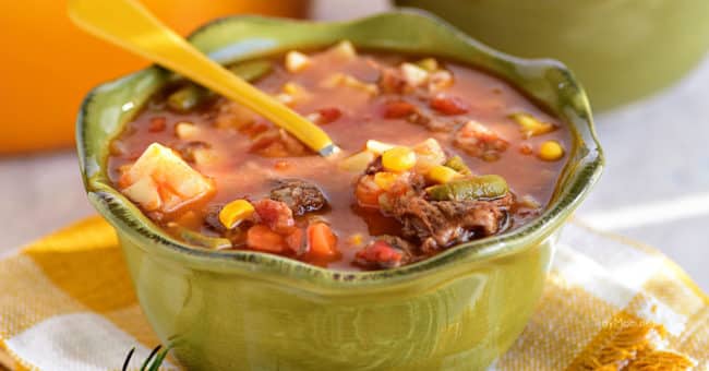 Bowl of Old Fashioned Vegetable Beef Soup like Grandma used to make. 