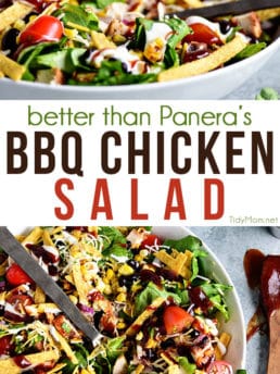 This BBQ Chicken Salad is a flavorful dinner salad recipe that's off the hook delicious! It’s easy to make but tastes like it’s straight from a restaurant. It's sure to become a favorite salad recipe at your house. If you were a fan of Panera's BBQ Chicken Salad, you're in luck! You can make a copycat salad in 15 mins or less. Print full recipe at TidyMom.net