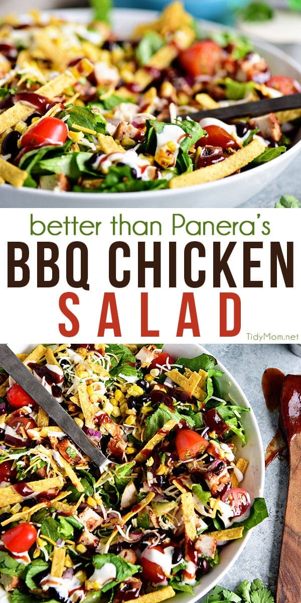 This BBQ Chicken Salad is super easy, can even be made with leftovers and it's off the hook delicious! Grilled corn and lime crema really make it sing!  If you were a fan of Panera's BBQ Chicken Salad, you're going to love this copycat salad you can make in 15 minutes or less at home! Print the full recipe at TidyMom.net
