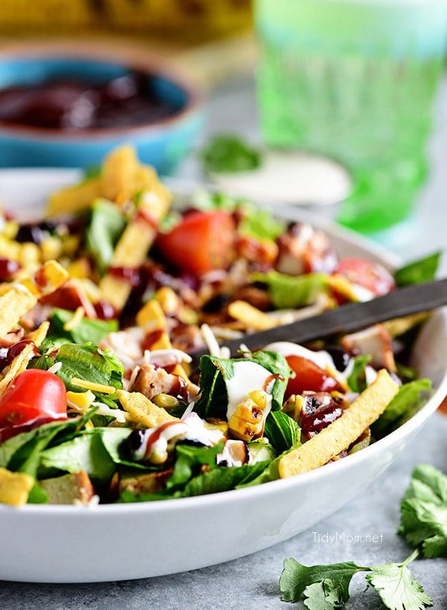 This BBQ Chicken Salad in a bowl with a fork