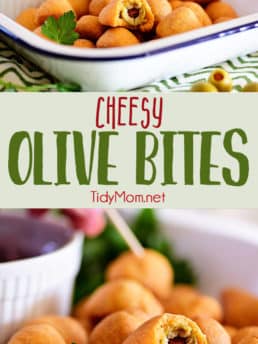 This vintage recipe for Cheesy Olive Bites makes a delicious finger food. They are cocktail party perfect! Just bite into one of these sharp cheddar shortbread wrapped gems and be surprised by a pimento stuffed cocktail olive......martinis optional. Print recipe + step-by-step photo directions at TidyMom.net