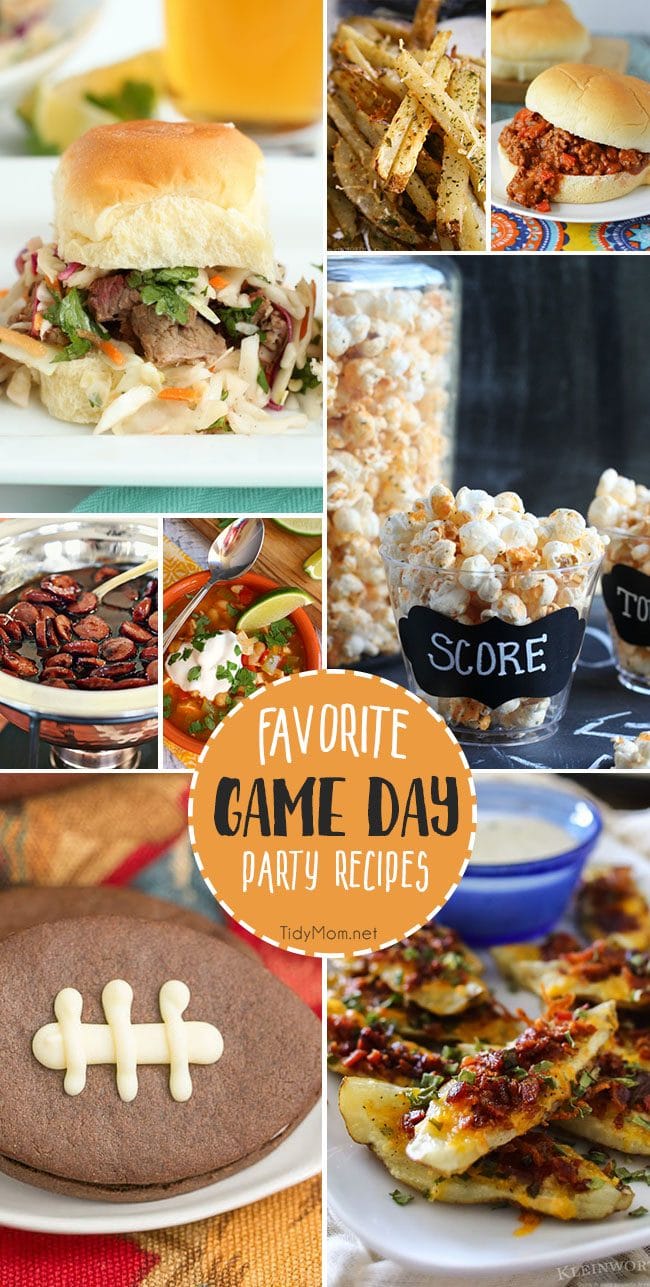 Game day party recipes from brisket sliders and loaded potato wedges to buffalo ranch popcorn and football cookies!! You’re sure to find all your FAVORITE GAME DAY PARTY RECIPES that will score big at any gathering! Get them all at TidyMom.net