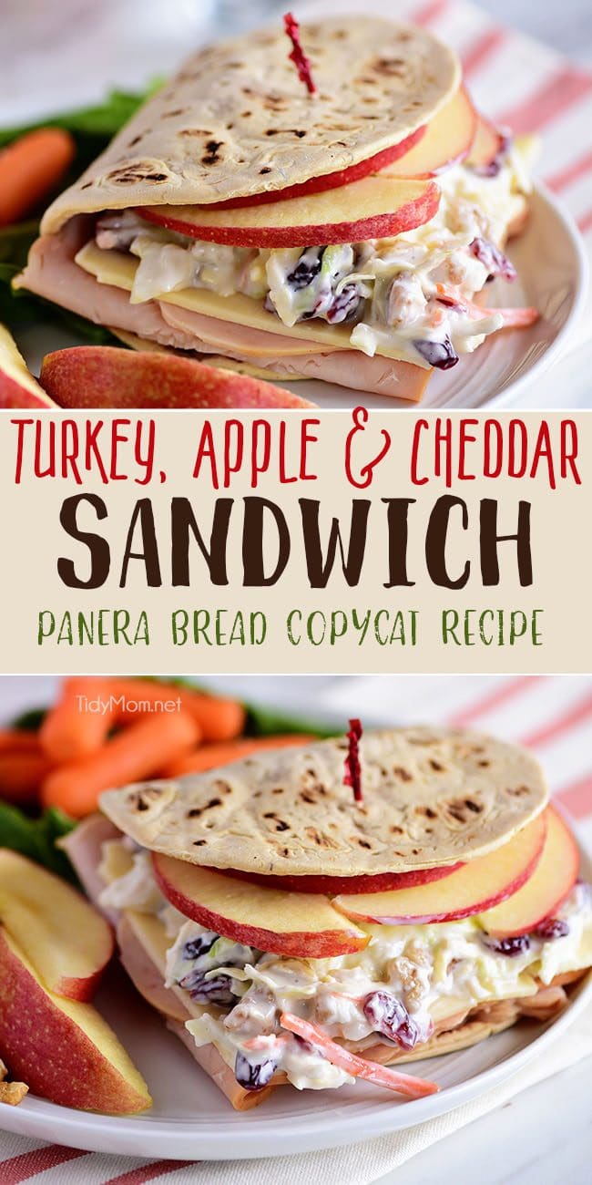 A favorite Panera restaurant sandwich gets a little healthier when you make it at home! Turkey, white cheddar, crisp apple slices, and a crunchy tangy slaw are slipped into a flatbread sandwich. This Turkey, Apple & Cheddar Sandwich is packed with flavor and makes a quick, easy and delicious meal! Print the full recipe at TidyMom.net