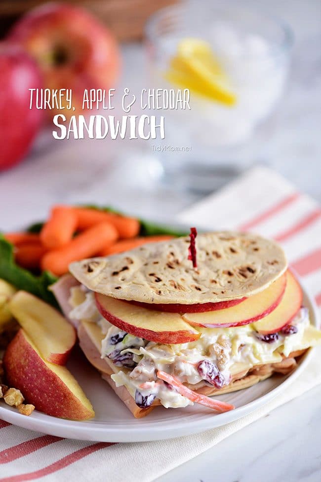 A favorite Panera restaurant sandwich gets a little healthier when you make it at home! Turkey, white cheddar, crisp apple slices, and a crunchy tangy slaw are slipped into a flatbread sandwich. This Turkey, Apple & Cheddar Sandwich is packed with flavor and makes a quick, easy and delicious meal! Print the full recipe at TidyMom.net