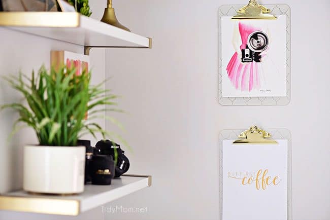 Decorating a shared office, with colorful industrial style. Her side is pink and gold, while his is black and neutrals. Check out the gold coffee cart!! Get all the details of this shared home office space at TidyMom.net