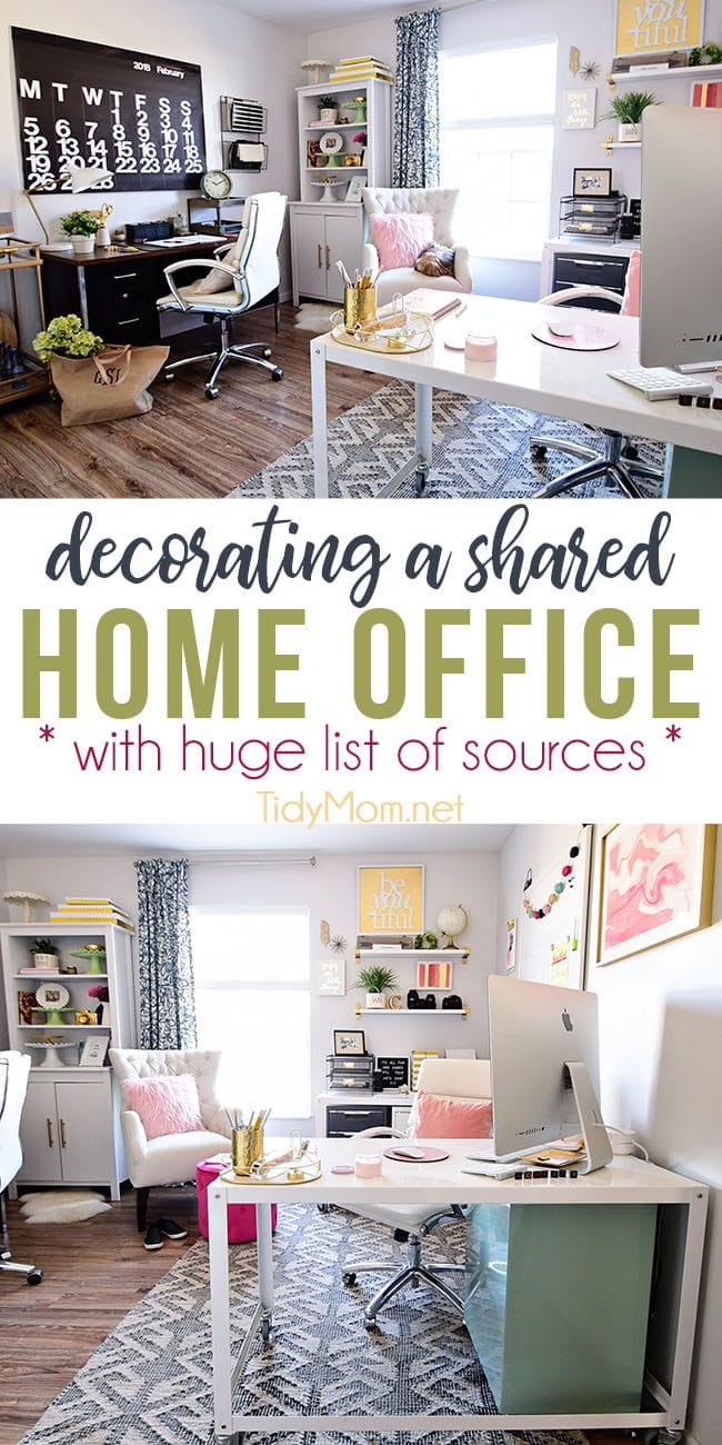 Decorating a shared home office can be both functional and beautiful!! Not only does the space need to work for both me and my husband, it needs to be a place that makes us happy! I'm thrilled that I was able to make it happen with a colorful industrial style. Get all the shared home office decorating details and sources at TidyMom.net