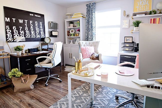 Decorating a shared office, with colorful industrial style. Her side is pink and gold, while his is black and neutrals. Check out the gold coffee cart!! Get all the details of this shared home office space at TidyMom.net