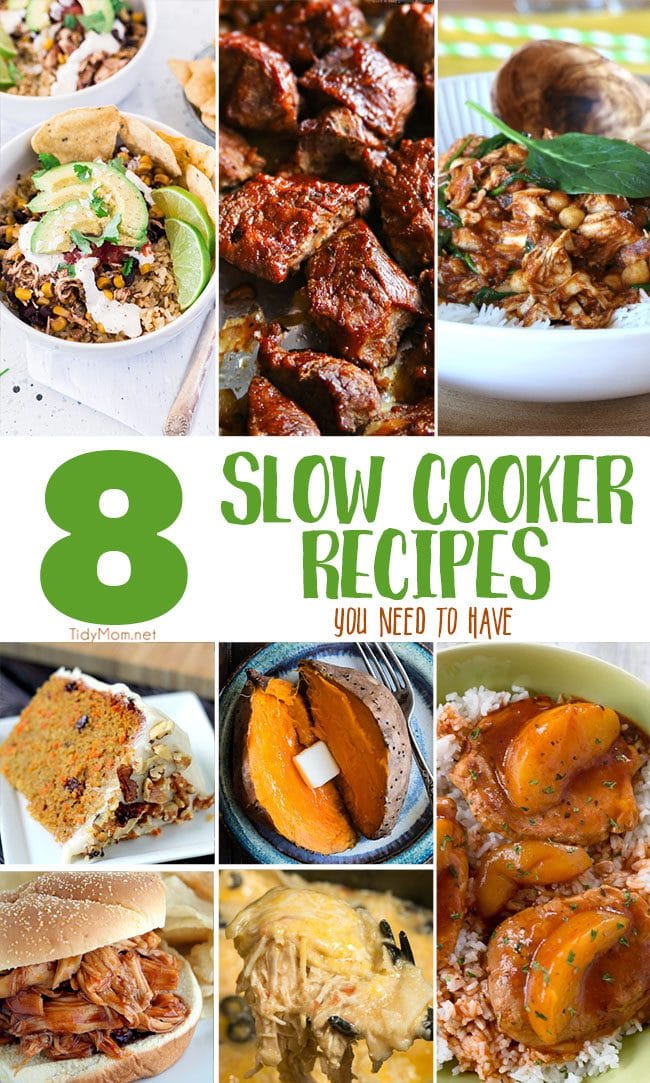 8 Slow Cooker Recipes you NEED to have for busy nights. From family friendly casseroles to dessert. Dinner has never been so easy! Get all the recipes at TidyMom.net