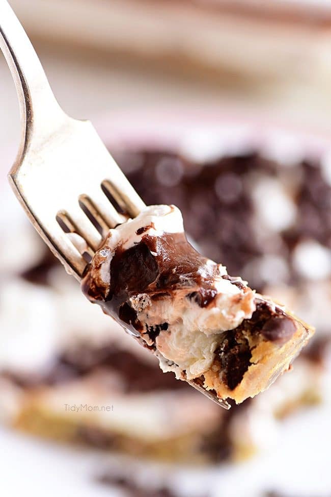 a bite of Chocolate Chip Cookie Layered Delight on fork