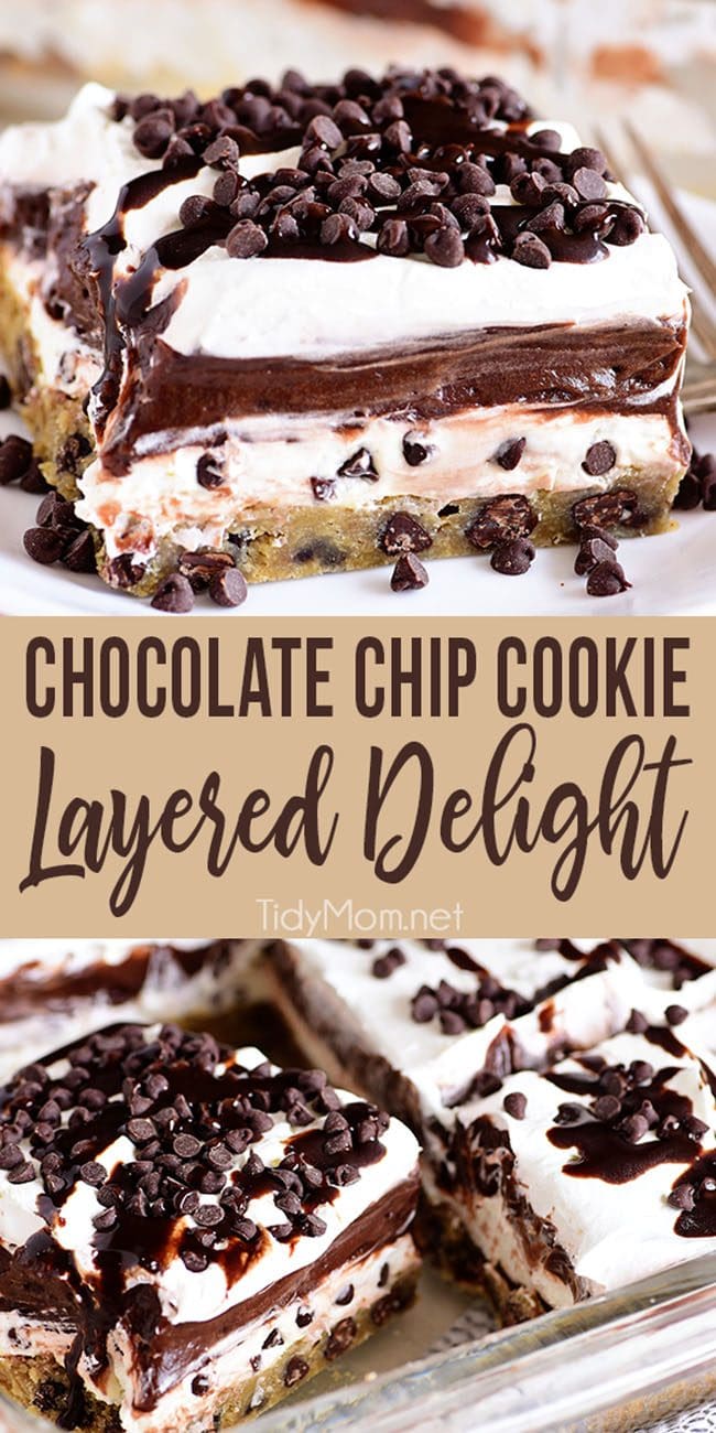 Chocolate Chip Cookie Layered Delight is four layers of pure bliss. This chilled dessert starts with a chocolate chip cookie bottom that is topped with a chocolate chip cream cheese, double chocolate pudding topped with a creamy layer garnished with more chocolate chips! This is the dessert of your dreams!! Print the recipe at Tidymom.net