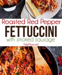 Amazing Delicious Roasted Red Pepper Fettuccine with Smoked Sausage in white Staub skillet