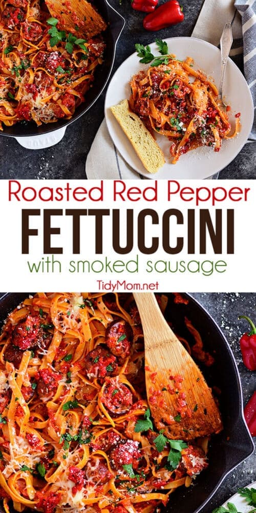 Roasted Red Pepper Fettuccine with Smoked Sausage - TidyMom®