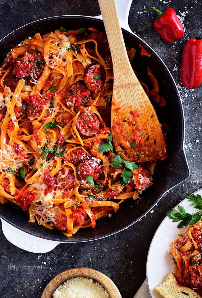 Roasted Red Pepper Fettuccine with Smoked Sausage in skillet
