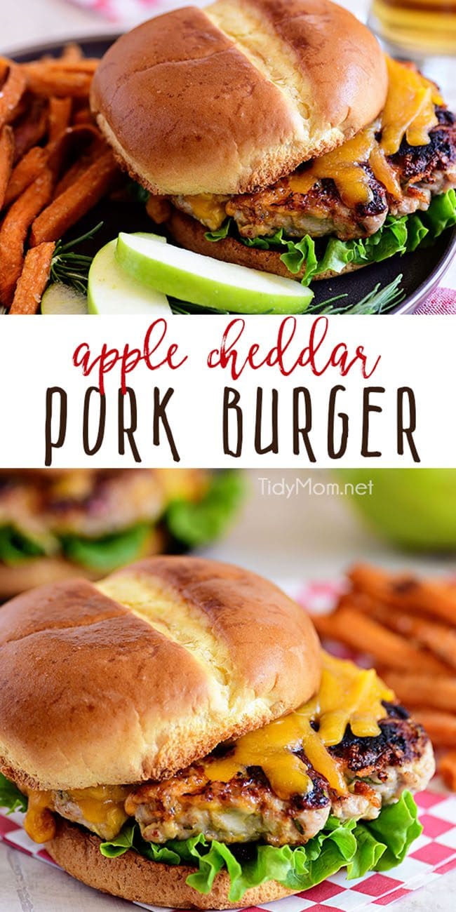 Apple Cheddar Pork Burgers are a simple dinner solution the whole family will devour!! Made with just five ingredients and packed with flavor, tart apples and sharp cheddar (inside and out) are going to elevate your burgers to a whole new dimension with an unexpected flavor that everyone is going to love! Print full recipe at TidyMom.net #burgers #pork