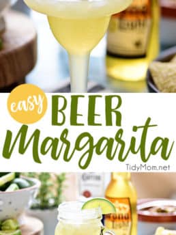 This easy recipe for Beer Margaritas has only 3 ingredients and is dripping with Mexican flavors. The best Beergarita is light, not too sweet, refreshing and super easy, to make! When you combine tequila, beer, and frozen limeade, you have something for the cocktail lover and brewski lover. Perfect for Cinco de Mayo or any celebration! Get this cocktail recipe at TidyMom.net #margarita #cocktailrecipes