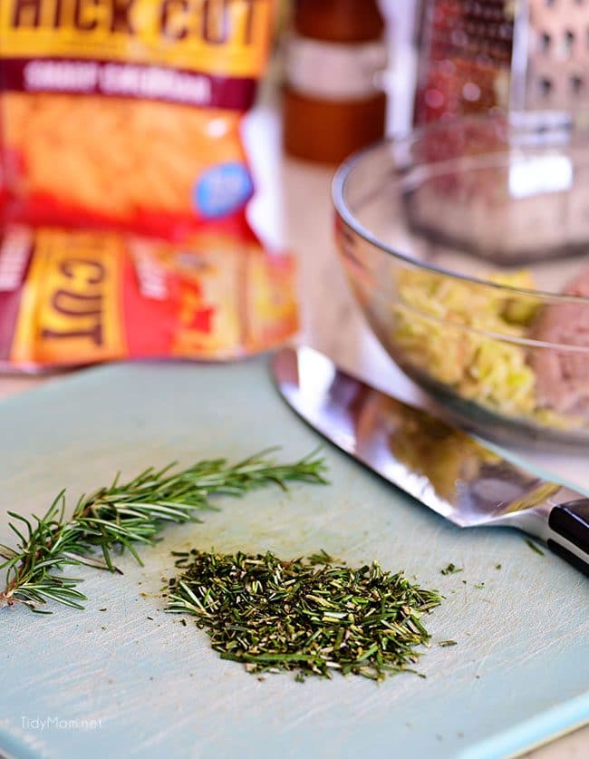 Chopped rosemary is another surprise ingredient in these Apple Cheddar Pork Burgers