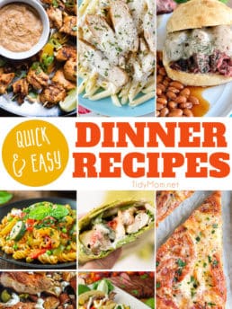 Think you are too busy for a good meal at home―especially when you’re hungry and your family is hungry? Each of these Quick and Easy Dinner Recipes is ready in 30 minutes or less. Simple enough for a busy weeknight, and still delicious enough to serve to company. Get all the recipes at TidyMom.net #dinner #quickdinner #easydinner