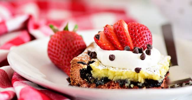 close up of a piece of Strawberry Gooey Butter Cake